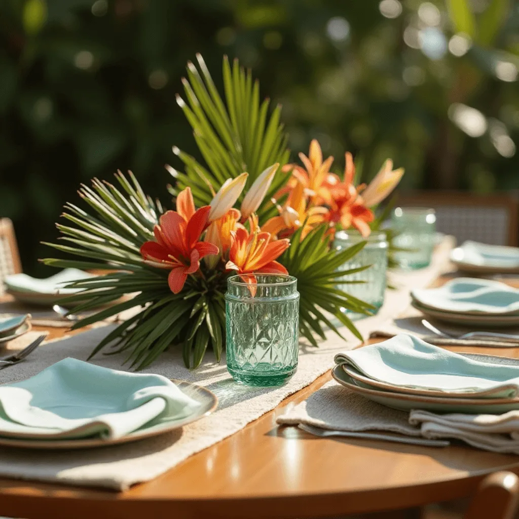 Mesa-posta-ao-ar-livre-em-Campinas-com-flores-tropicais-alaranjadas-copos-verdes-e-loucas-claras-representando-o-estilo-leve-e-sofisticado-da-Hello-Mary´
