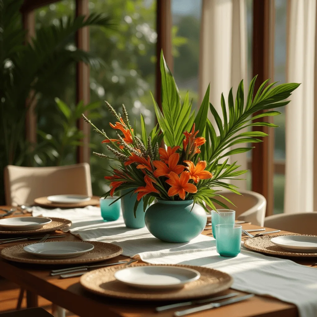 Mesa-posta-elegante-em-Campinas-com-arranjo-tropical-em-vaso-verde-e-tacas-turquesa-em-ambiente-interno-iluminado.