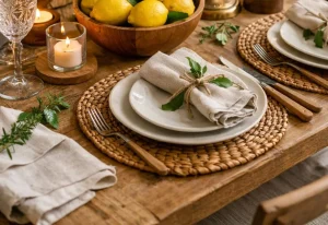 guardanapos-de-algodao-e-louca-bege-em-mesa-posta-elegante-